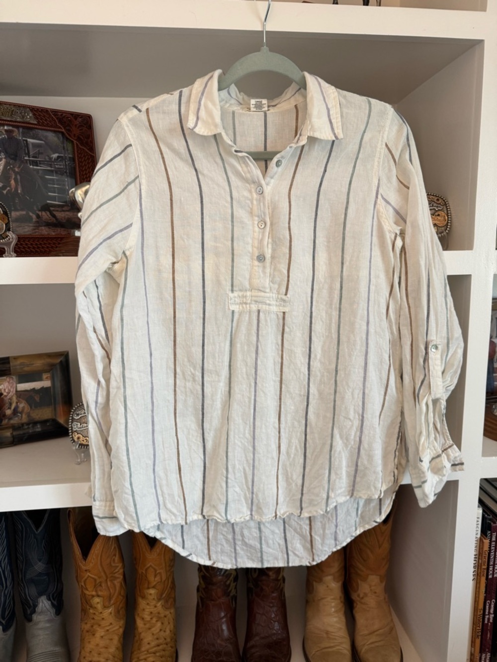 Artisan Ny Linen Striped Button Pullover - Cream with Blue & Gray Stripes